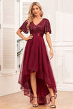 Robe de soirée trapèze haute-basse bordeaux avec paillettes
