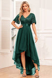 Robe de soirée trapèze haute-basse bordeaux avec paillettes