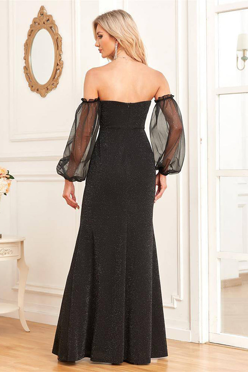 Charger l&#39;image dans la galerie, Manches amovibles Fourreau noir Robe de soirée scintillante