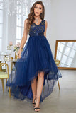 Robe de bal asymétrique bleu foncé à col en V avec sans manches