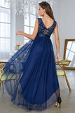 Robe de bal asymétrique bleu foncé à col en V avec sans manches