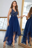 Robe de bal asymétrique bleu foncé à col en V avec sans manches