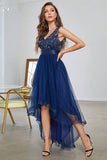 Robe de bal asymétrique bleu foncé à col en V avec sans manches