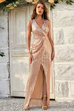 Champagne fourreau brillant robe de Soirée avec fente