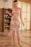 Champagne paillettes licol franges robe des années 20 avec sans manches
