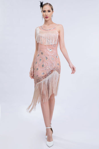 Fard à joues scintillant paillettes asymétriques frangées robe des années 20 avec accessoires ensemble