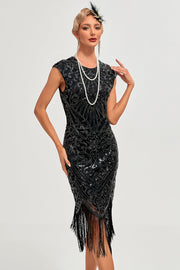 Robe Gatsby des années 20 perlée noire scintillante à franges Gatsby