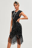 Robe Gatsby des années 20 perlée noire scintillante à franges Gatsby