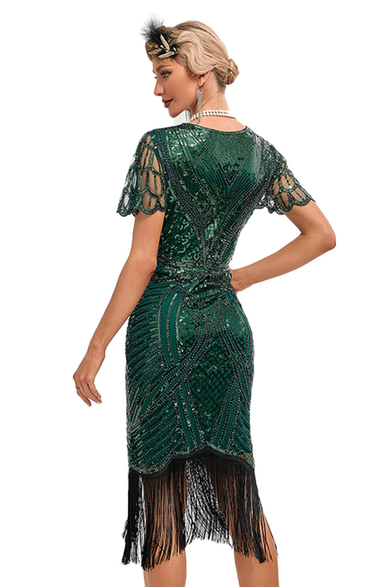 Charger l&#39;image dans la galerie, Brillant vert foncé perlé frangé Cap manches des années 20 Gatsby robe