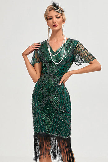Brillant vert foncé perlé frangé Cap manches des années 20 Gatsby robe