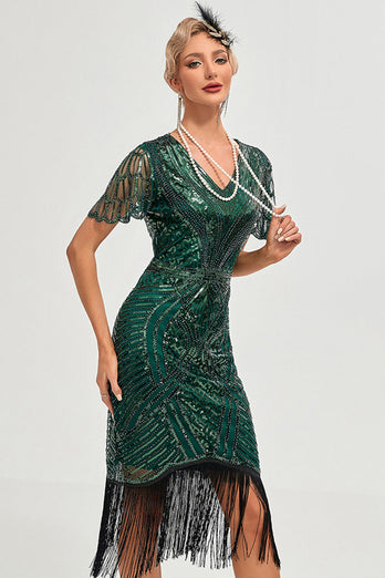 Brillant vert foncé perlé frangé Cap manches des années 20 Gatsby robe