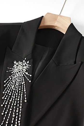 Costume noir scintillant perlé 2 pièces à double boutonnage pour femmes