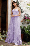 Robe de bal en dentelle à bretelles spaghetti lilas