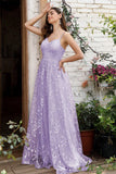 Robe de bal en dentelle à bretelles spaghetti lilas