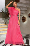 Corail une épaule Tulle longue robe de bal avec ceinture