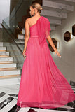 Corail une épaule Tulle longue robe de bal avec ceinture