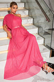 Corail une épaule Tulle longue robe de bal avec ceinture