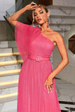 Corail une épaule Tulle longue robe de bal avec ceinture