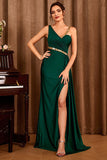 Robe de bal longue asymétrique vert foncé avec fente