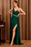 Robe de bal longue asymétrique vert foncé avec fente