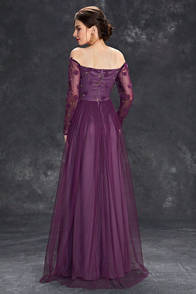 Charger l&#39;image dans la galerie, Robe formelle en tulle violet foncé à épaules dénudées avec manches