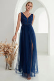 Robe longue longue en tulle bleu marine avec fente