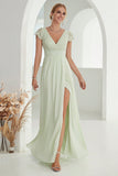 Robe formelle A-Line Col V Vert Clair avec Dentelle