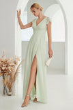 Robe formelle A-Line Col V Vert Clair avec Dentelle