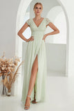 Robe formelle A-Line Col V Vert Clair avec Dentelle