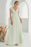 Robe formelle A-Line Col V Vert Clair avec Dentelle