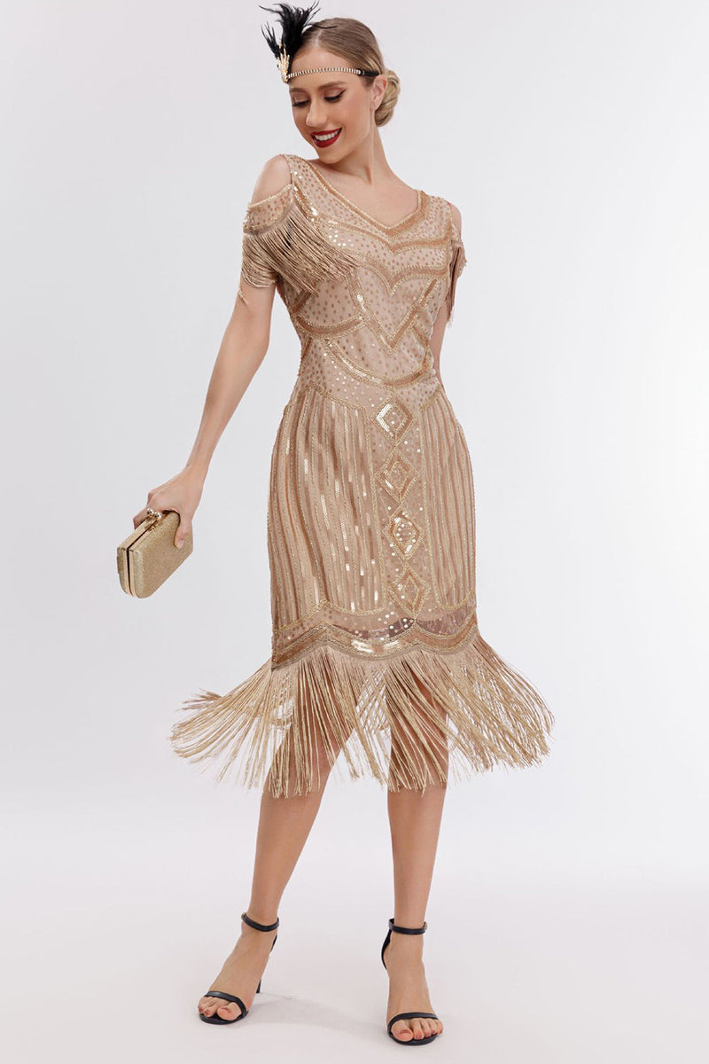 Charger l&#39;image dans la galerie, Noir doré épaule froide franges des années 20 Gatsby robe
