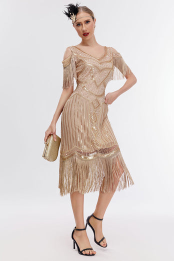 Noir doré épaule froide franges des années 20 Gatsby robe