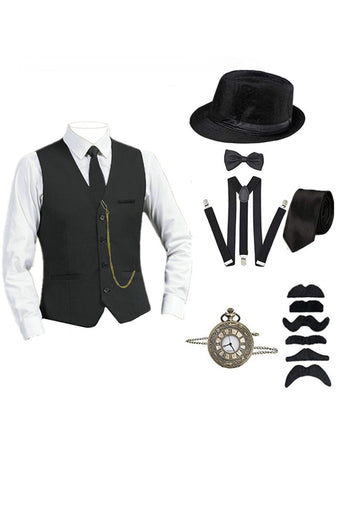 Gilet de costume noir à simple boutonnage pour hommes avec ensemble d’accessoires