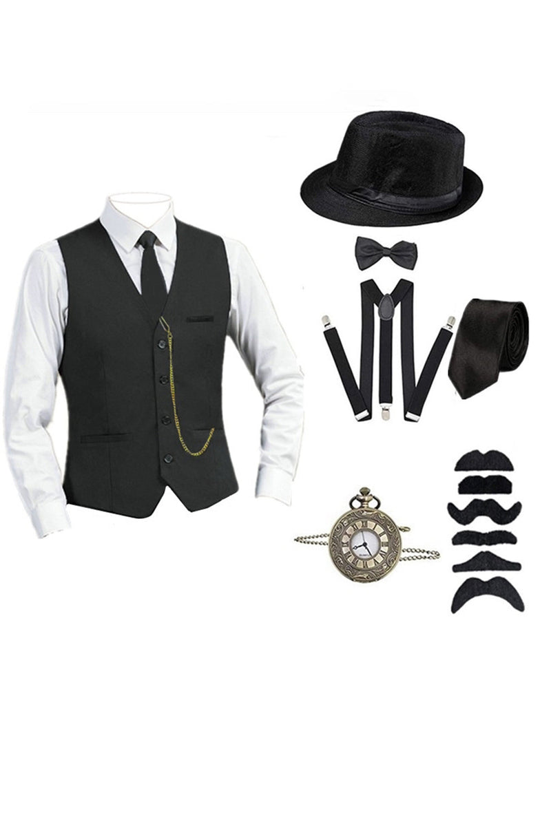 Charger l&#39;image dans la galerie, Gilet de costume noir à simple boutonnage pour hommes avec ensemble d’accessoires