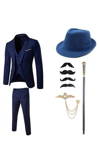 Costumes bleu foncé pour hommes des années 1920 avec ensemble d’accessoires