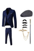 Charger l&#39;image dans la galerie, Costumes des années 20 pour hommes à revers cranté bleu foncé avec ensemble d’accessoires