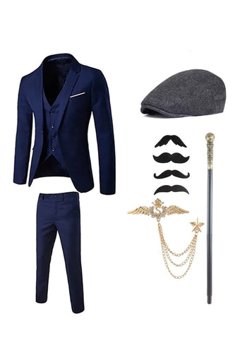 Costumes des années 20 pour hommes à revers cranté bleu foncé avec ensemble d’accessoires