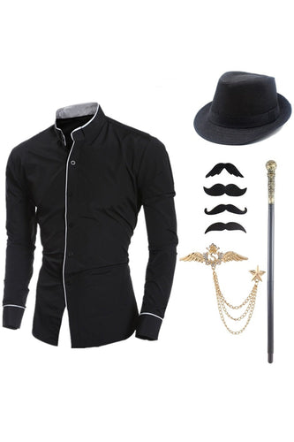 Chemise de costume à manches longues pour hommes à col montant noir avec ensemble d’accessoires