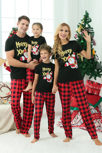 Pyjama de Noël familial à carreaux noir et rouge à manches courtes