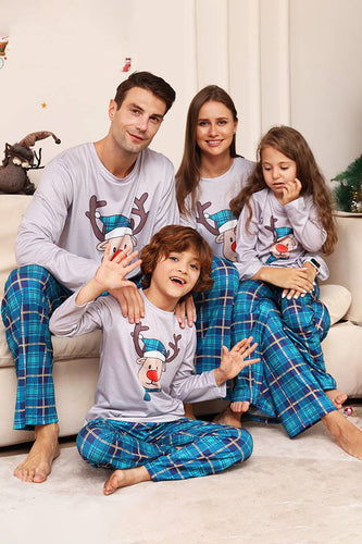 Cerf gris et bleu à carreaux Noël famille pyjama assorti ensemble