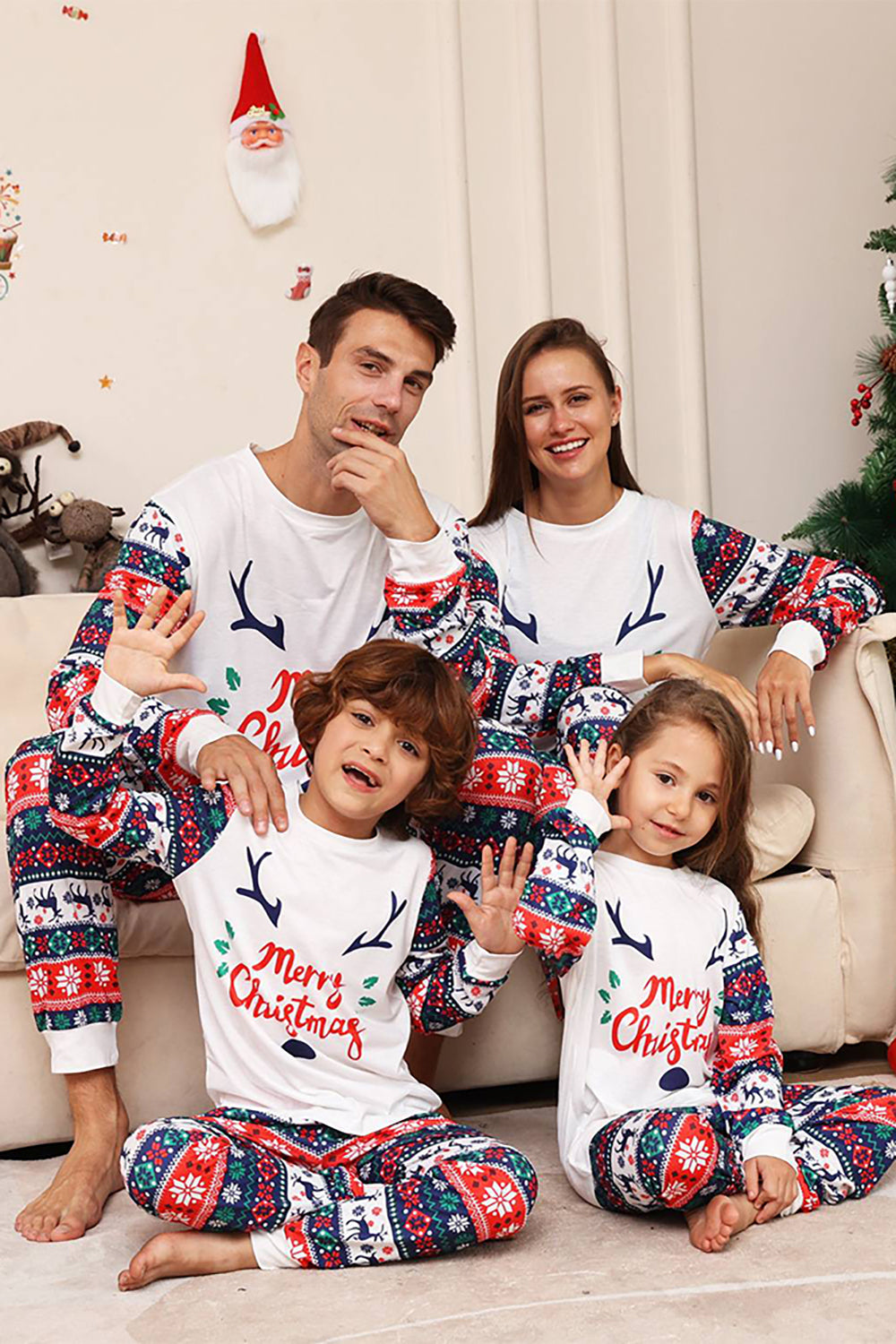 Ensemble de pyjamas assortis famille de cerf blanc et bleu motif de cerf blanc et bleu