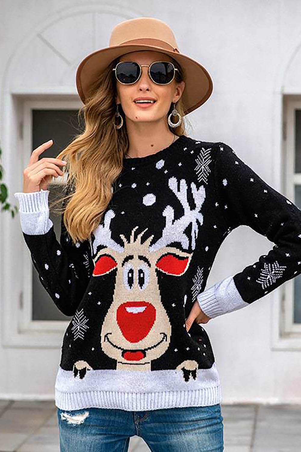 Pull de flocon de neige noir renne de Noël noir