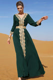 Vert foncé manches longues Caftan Marocain avec appliques