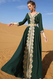 Vert foncé manches longues Caftan Marocain avec appliques