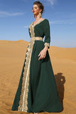 Vert foncé manches longues Caftan Marocain avec appliques