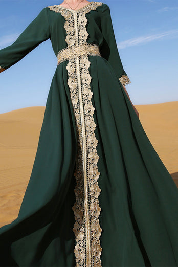 Vert foncé manches longues Caftan Marocain avec appliques