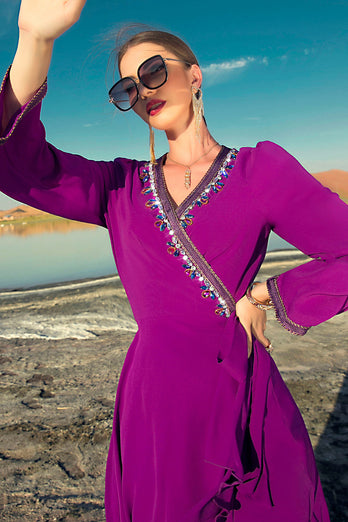 Abaya portefeuille décontractée à volants et col en V violet foncé