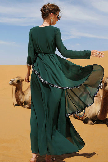 Abaya ceinturé de col en V vert foncé