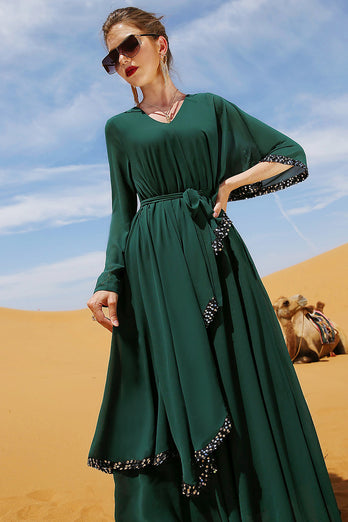 Abaya ceinturé de col en V vert foncé