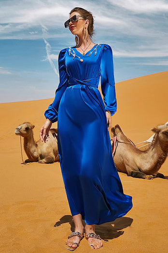 Col V bleu royal manches longues caftan marocain